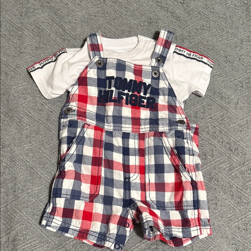 Tommy Hilfiger Red, White & Blue Plaid Short Overalls with Tee